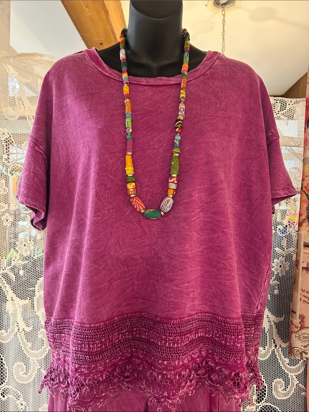 J Her Magenta Relaxed Mineral Wash Lace Trim Top